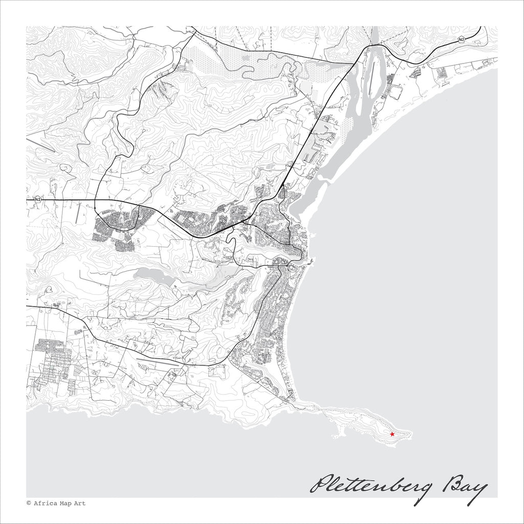 Plettenberg Bay map print in the minimalist Mono style, also covering the Keurbooms River, lagoon and Robberg Peninsula, with fine black street lines and contoured slopes on a white background with grey sea.
