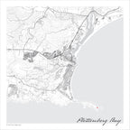 Plettenberg Bay map print in the minimalist Mono style, also covering the Keurbooms River, lagoon and Robberg Peninsula, with fine black street lines and contoured slopes on a white background with grey sea.