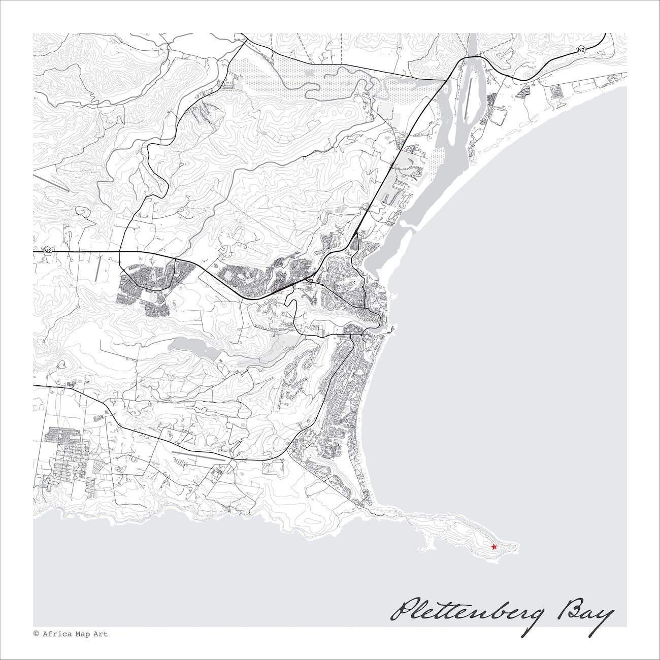 Plettenberg Bay map print in the minimalist Mono style, also covering the Keurbooms River, lagoon and Robberg Peninsula, with fine black street lines and contoured slopes on a white background with grey sea.
