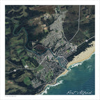 Port Alfred aerial map print showing the Kowie River mouth and Royal Alfred Marina from above, with white surf along a sandy beach and green coastal farmland