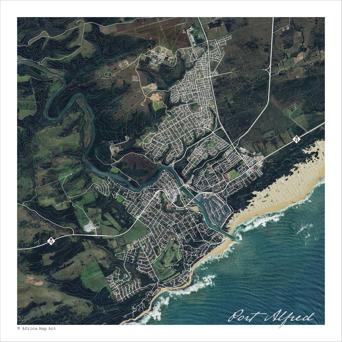 Port Alfred aerial map print showing the Kowie River mouth and Royal Alfred Marina from above, with white surf along a sandy beach and green coastal farmland