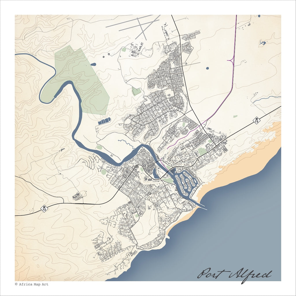 Port Alfred map print in the Classic style, with fine black street lines and grey buildings, the blue Kowie River, the Royal Alfred Marina and a sandy beachfront on a cream background