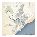 Port Alfred map print in the Classic style, with fine black street lines and grey buildings, the blue Kowie River, the Royal Alfred Marina and a sandy beachfront on a cream background