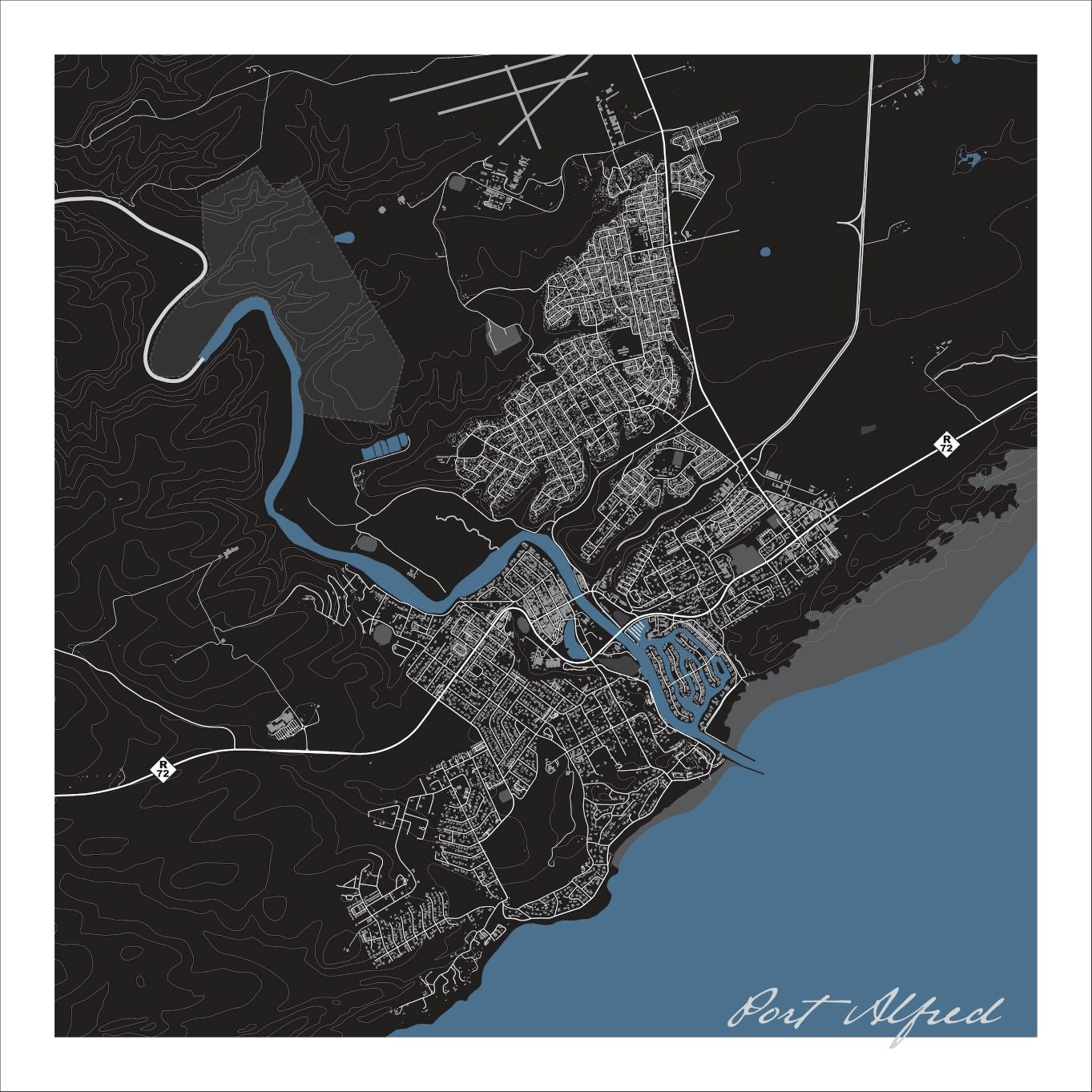Port Alfred map print in the Granite style, with fine white street lines, the blue Kowie River, the Royal Alfred Marina and the Indian Ocean on a black background