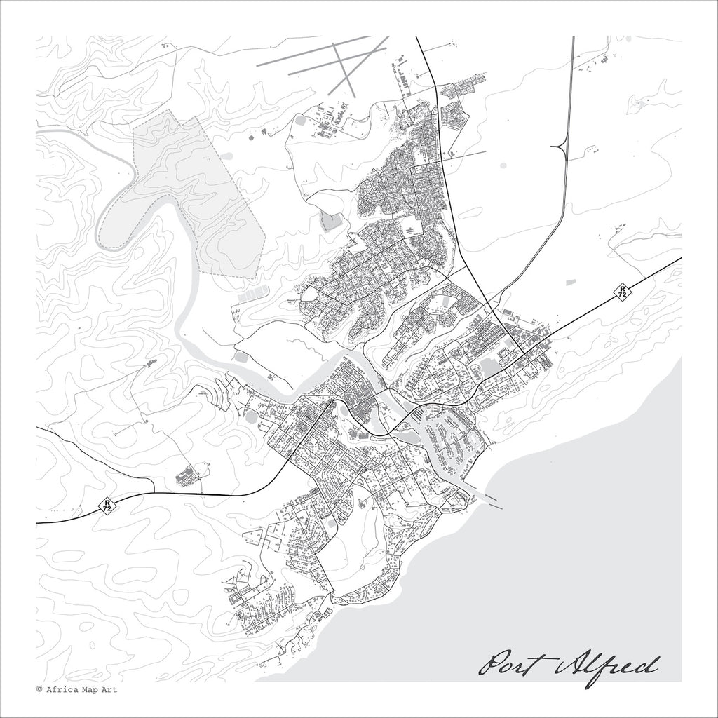 Port Alfred map print in the minimalist Mono style, with black street lines, grey buildings, the Kowie River and the Royal Alfred Marina on a white background