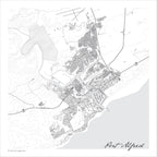 Port Alfred map print in the minimalist Mono style, with black street lines, grey buildings, the Kowie River and the Royal Alfred Marina on a white background