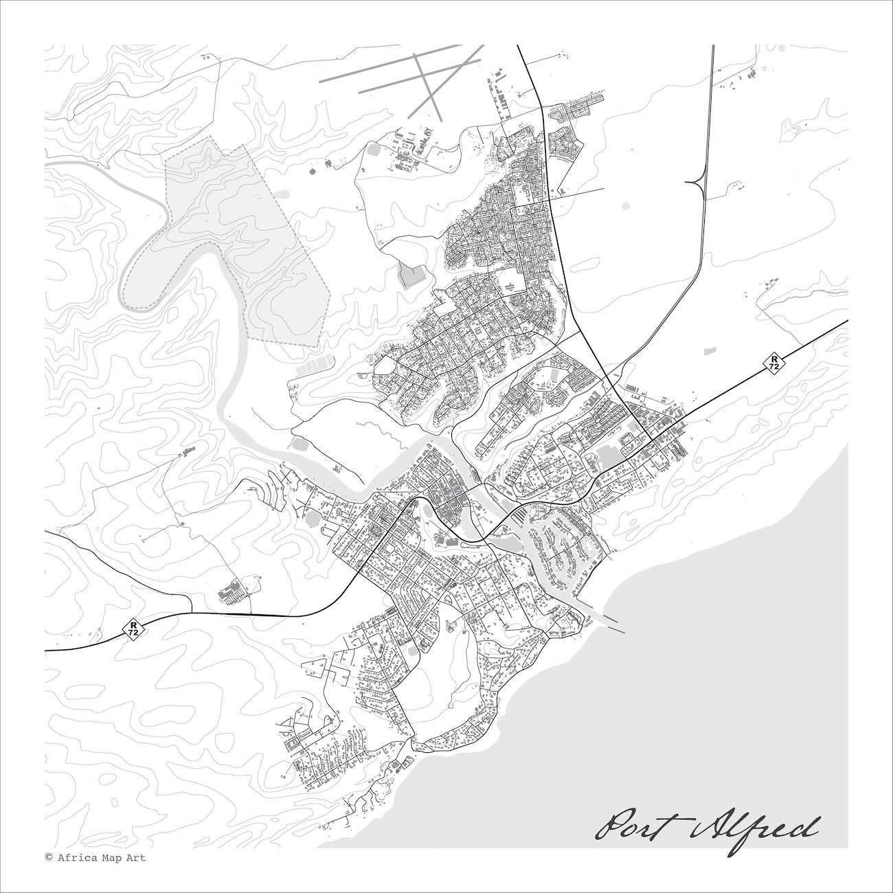 Port Alfred map print in the minimalist Mono style, with black street lines, grey buildings, the Kowie River and the Royal Alfred Marina on a white background