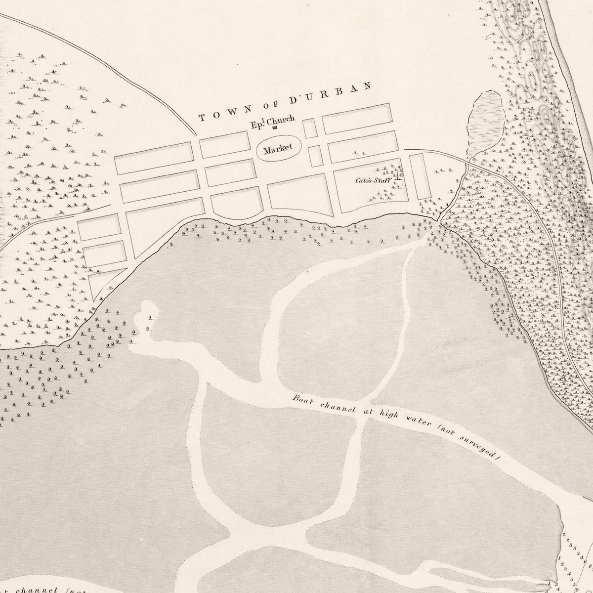 Close-up detail of the 1854 Admiralty chart of Port Natal reproduction print, showing the early street grid of Durban above the bay and its channels