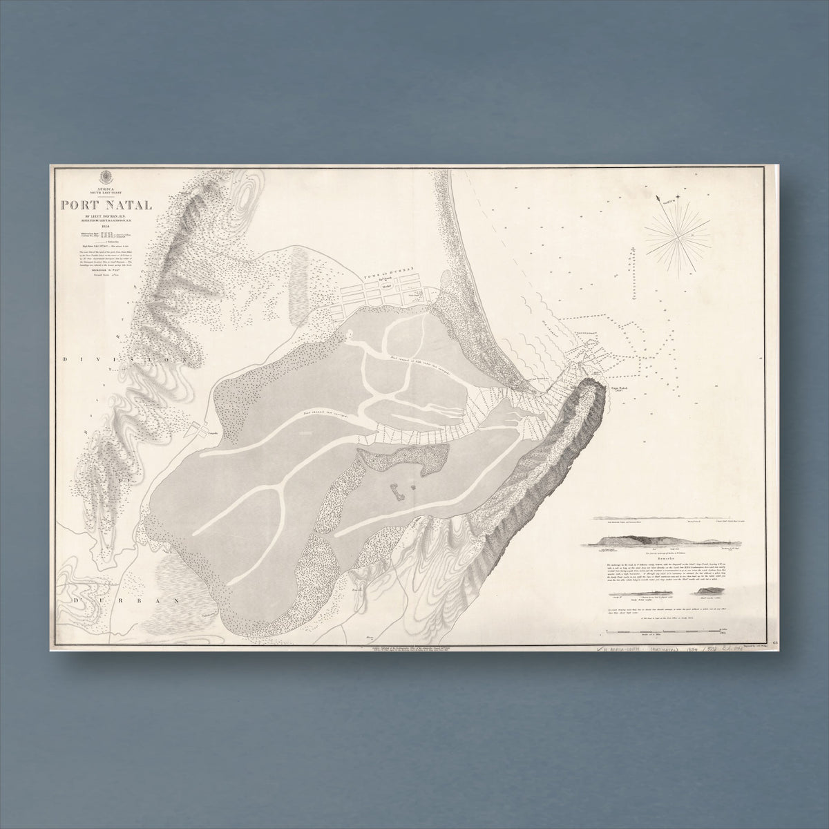 1854 Admiralty chart of Port Natal, reproduction print showing Durban Bay with its sandbanks and channels, the Bluff headland and a compass rose