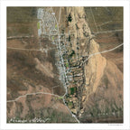 Prince Albert aerial map print showing satellite imagery of the village and its green irrigated plots, with white roads across the browns and tans of the Karoo landscape.