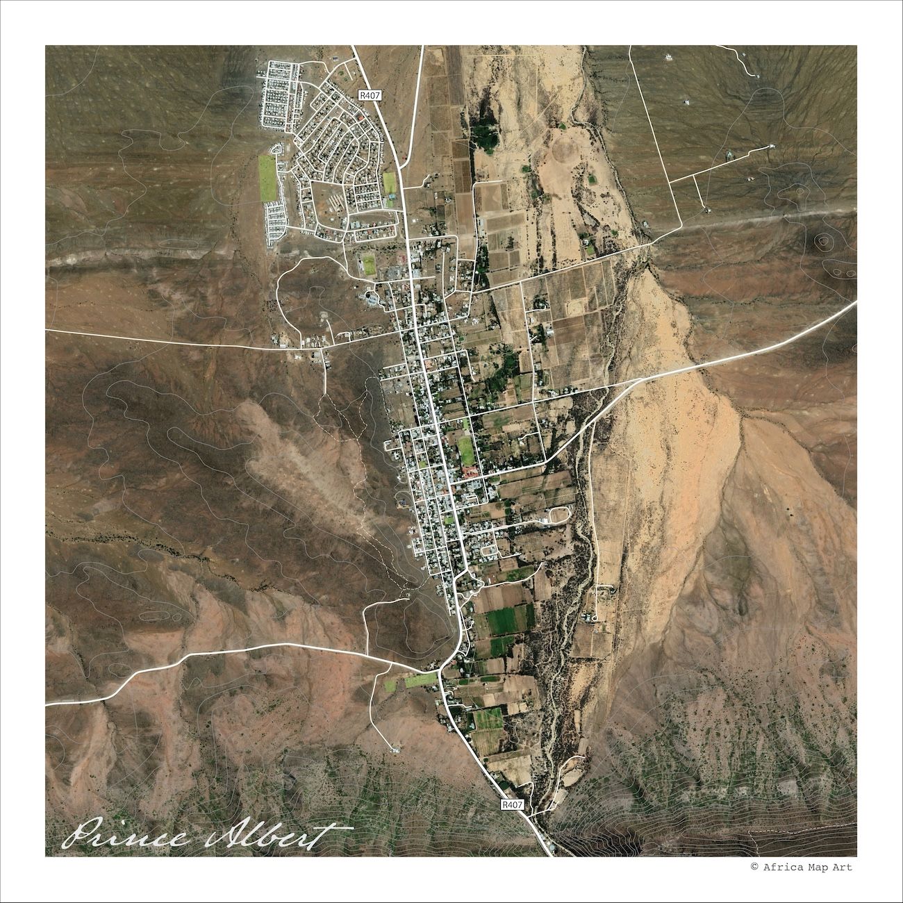 Prince Albert aerial map print showing satellite imagery of the village and its green irrigated plots, with white roads across the browns and tans of the Karoo landscape.
