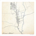 Prince Albert map print in the Classic style, with fine black street lines, blue rivers, grey buildings and mountain slopes on a cream background.