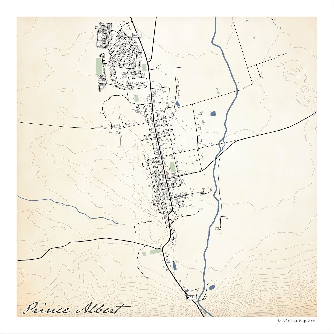 Prince Albert map print in the Classic style, with fine black street lines, blue rivers, grey buildings and mountain slopes on a cream background.