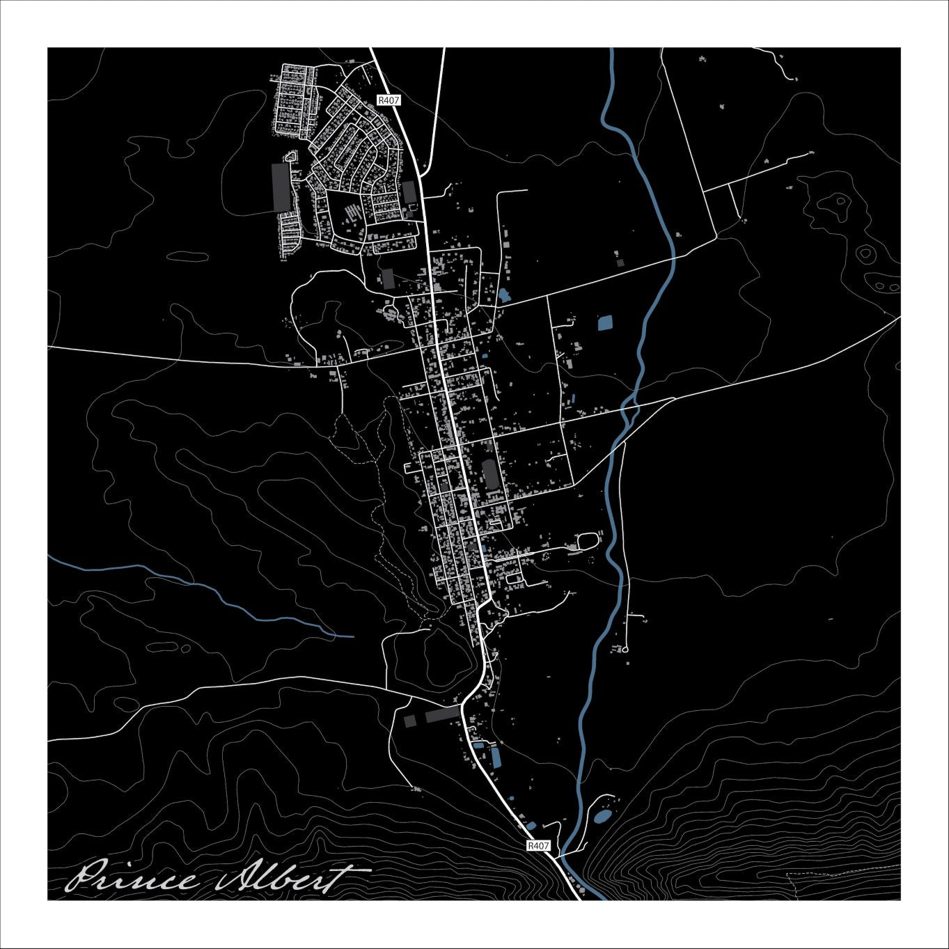 Prince Albert map print in the Granite style, with the Dorps River in blue, grey buildings and white contour lines on a black background