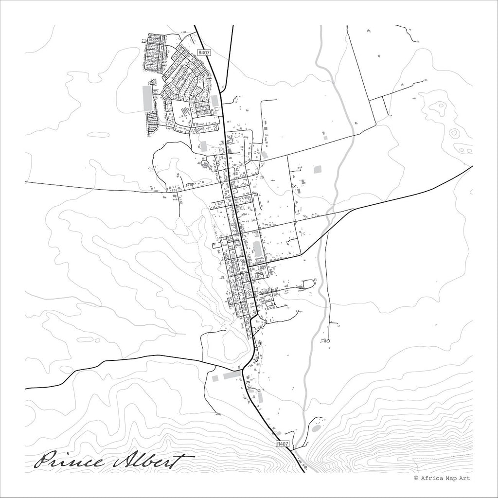 Prince Albert map print in the Mono style, a black and white design with dark street lines, grey waterways, nature reserves and buildings, and fine contour lines on a white background 