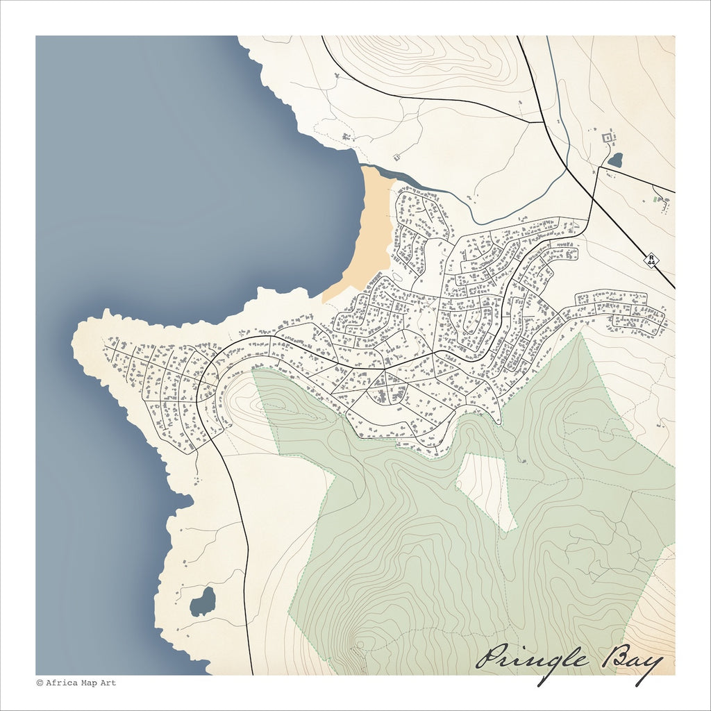 Pringle Bay map print in the Classic style, with fine black street lines, blue sea along the coastline and contoured mountain slopes on a green and cream background