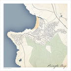 Pringle Bay map print in the Classic style, with fine black street lines, blue sea along the coastline and contoured mountain slopes on a green and cream background