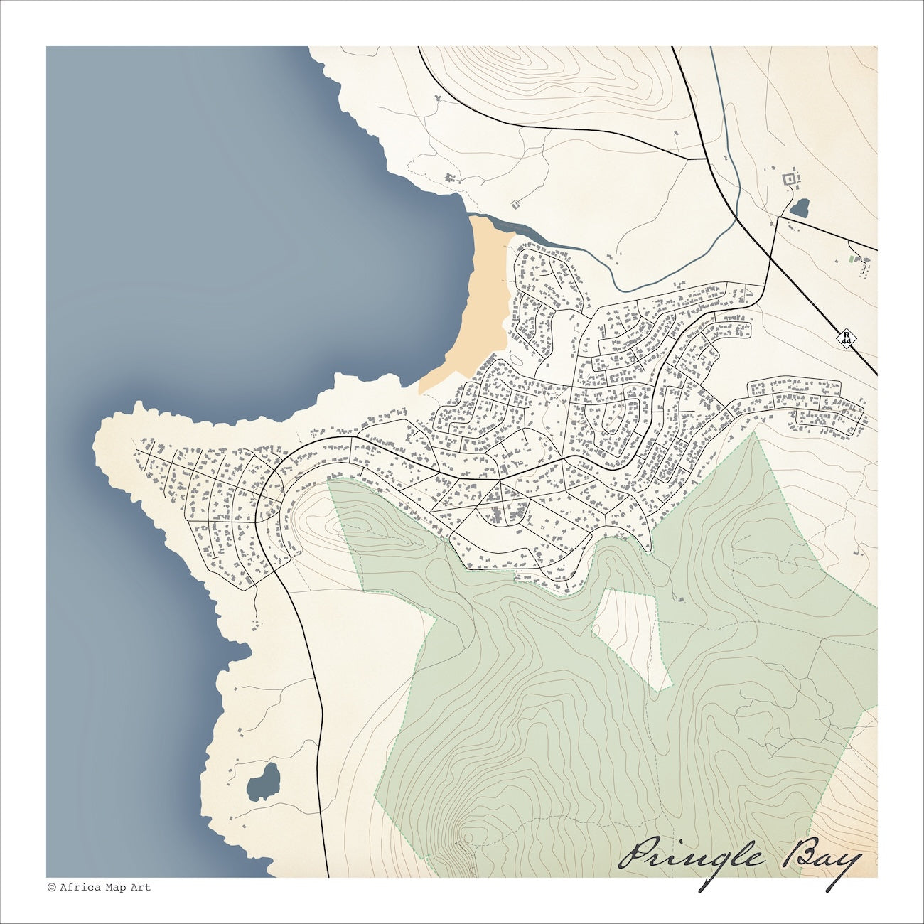Pringle Bay map print in the Classic style, with fine black street lines, blue sea along the coastline and contoured mountain slopes on a green and cream background
