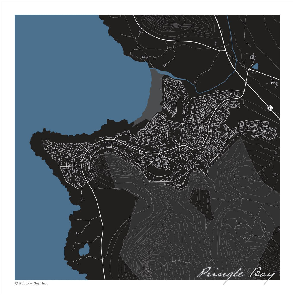 Pringle Bay map print in the Granite style, with fine white street & mountain contour lines on a black background and blue sea along the coastline.