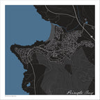 Pringle Bay map print in the Granite style, with fine white street & mountain contour lines on a black background and blue sea along the coastline.