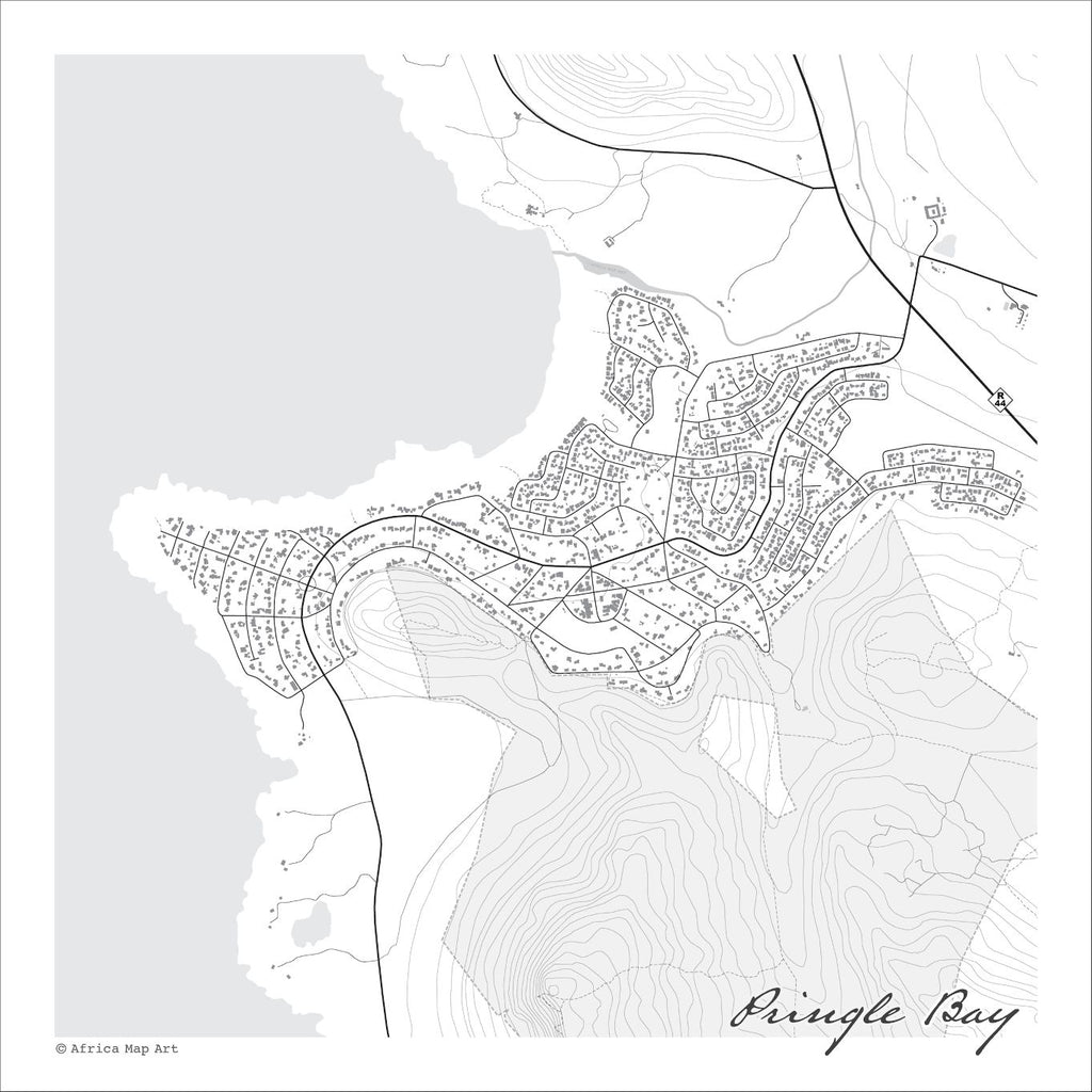 Pringle Bay map print in the minimalist Mono style, a black and white design with dark street lines, the sea in pale grey along the coastline, and fine contour lines on a white background