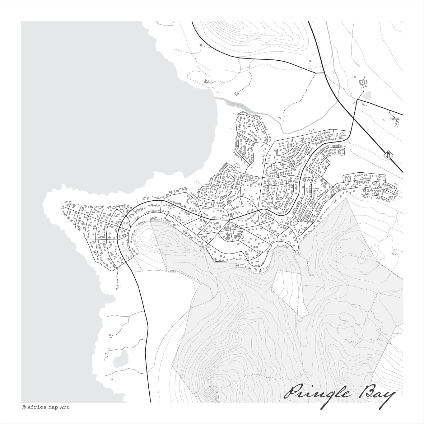 Pringle Bay map print in the minimalist Mono style, a black and white design with dark street lines, the sea in pale grey along the coastline, and fine contour lines on a white background