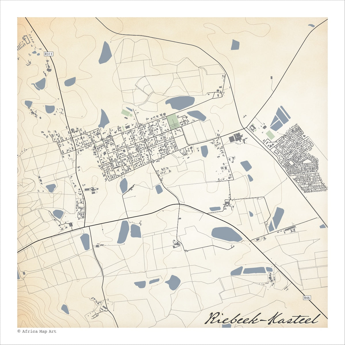 Riebeek-Kasteel map print in the Classic style, with blue farm dams across the valley, grey buildings and a compact village grid on a cream background