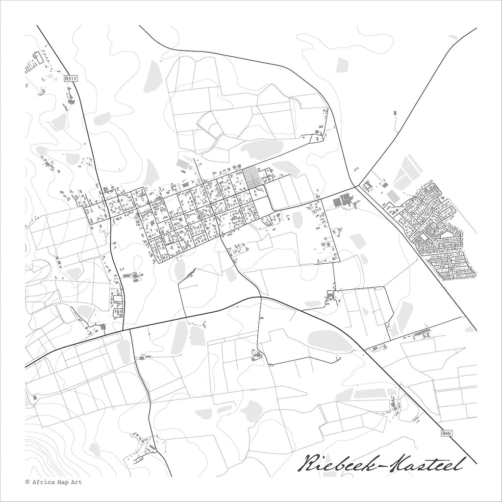 Riebeek-Kasteel map print in the minimalist Mono style, with grey buildings, black street lines and pale grey dams on a white background