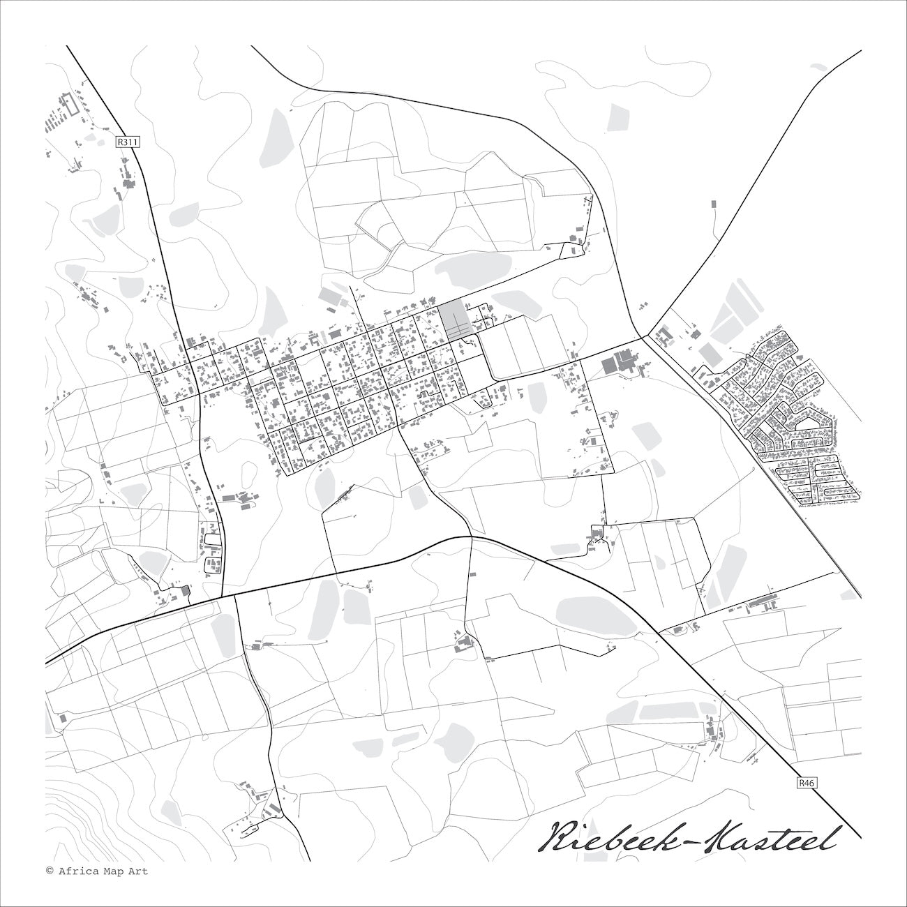 Riebeek-Kasteel map print in the minimalist Mono style, with grey buildings, black street lines and pale grey dams on a white background