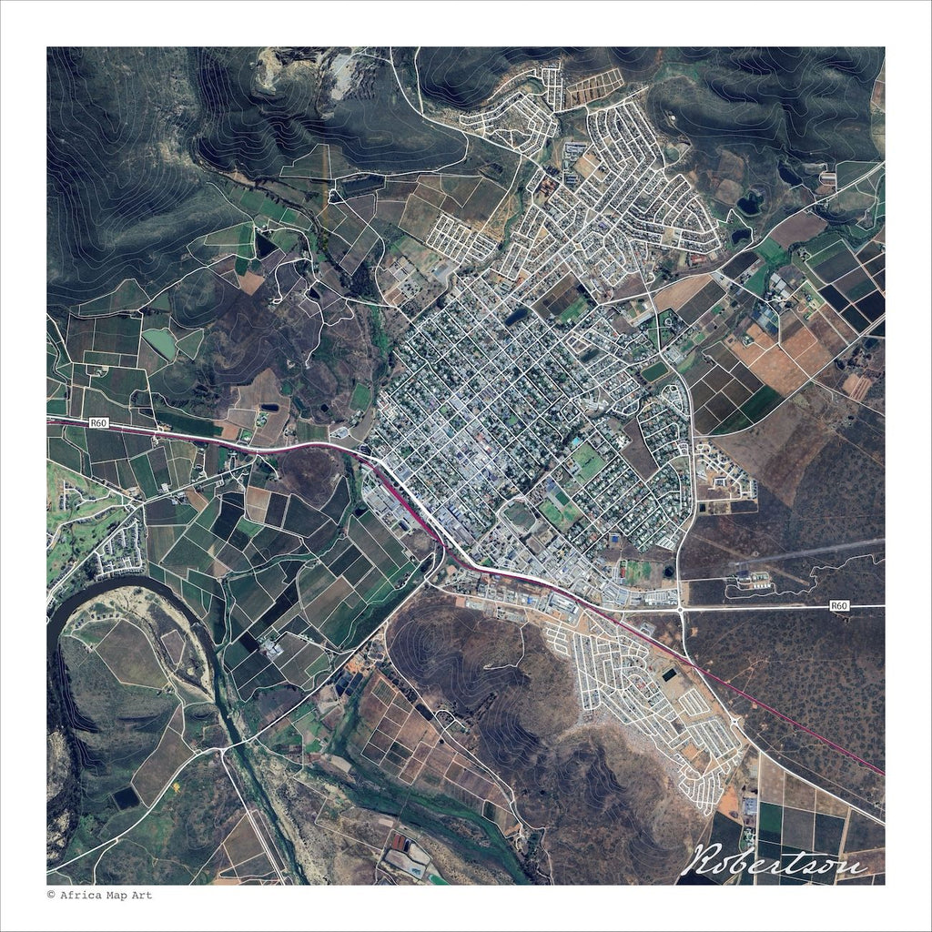 Robertson aerial map print showing white streets and contour lines from above, with green farmlands and grey-brown valley terrain
