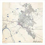 Robertson map print in the Classic style, with the blue Breede River, a red railway line and dense grey buildings on a cream background
