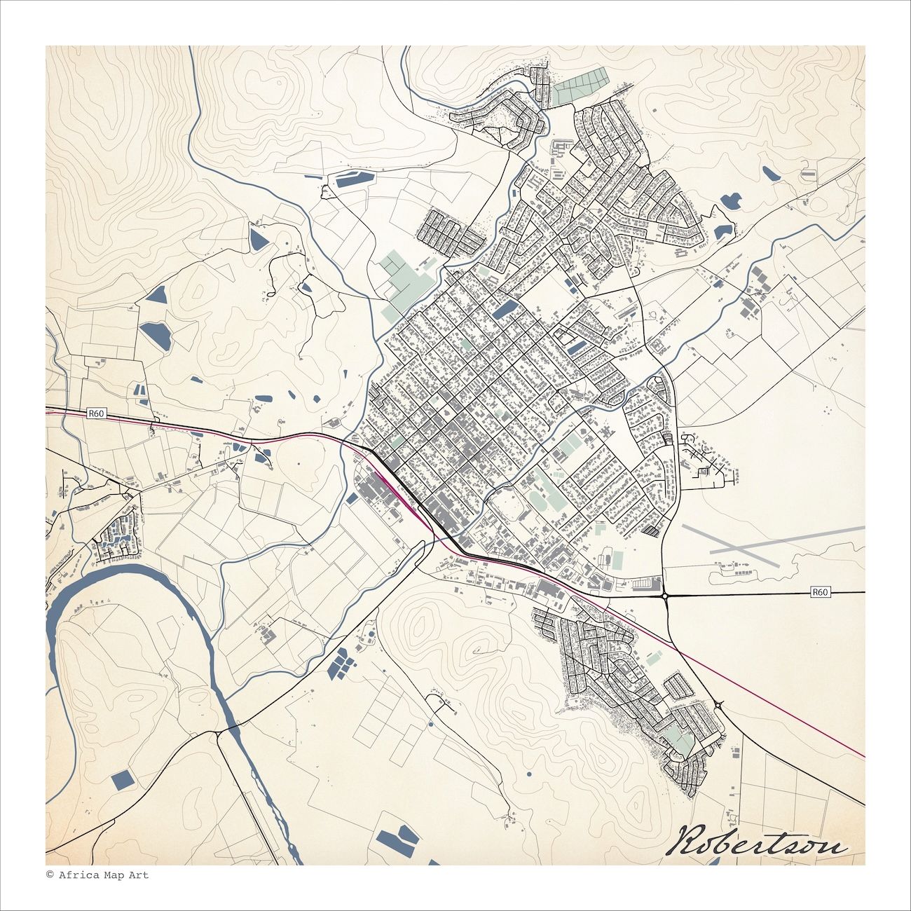 Robertson map print in the Classic style, with the blue Breede River, a red railway line and dense grey buildings on a cream background