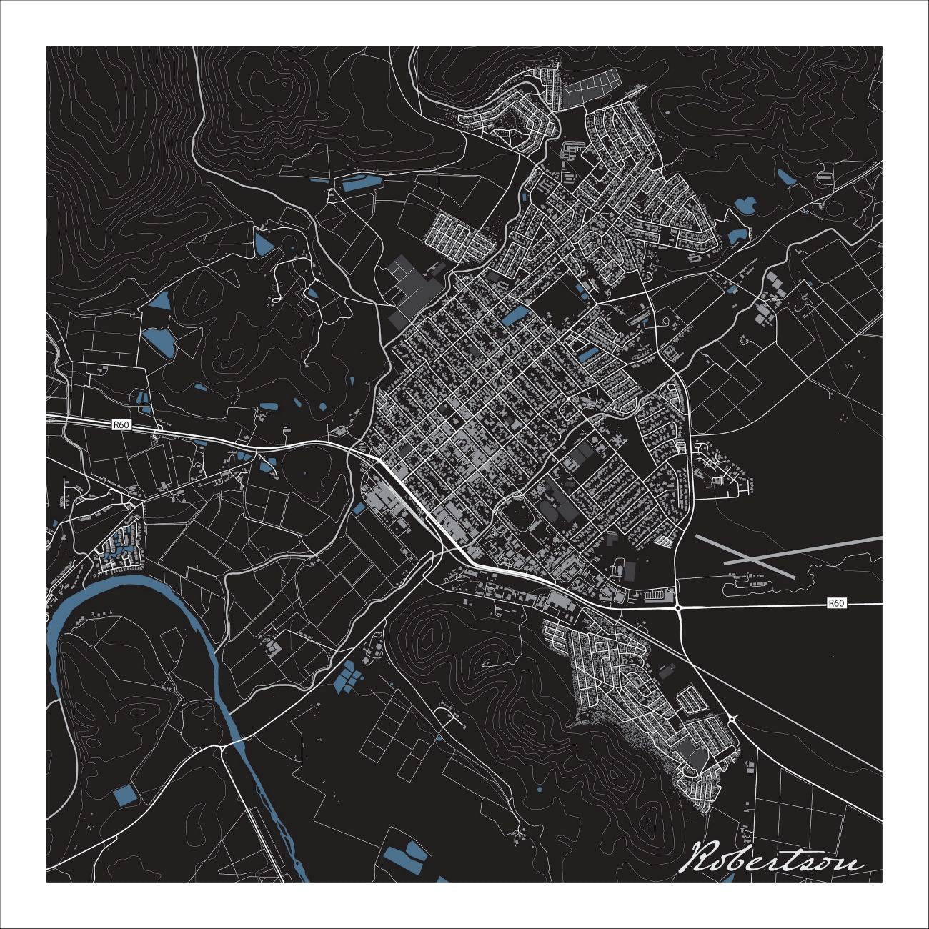 Robertson map print in the Granite style, with white street lines, the Breede River in blue and fine white contour lines on a black background