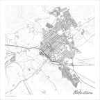 Robertson map print in the minimalist Mono style, with the Breede River in grey, black street lines and fine contour lines on a white background