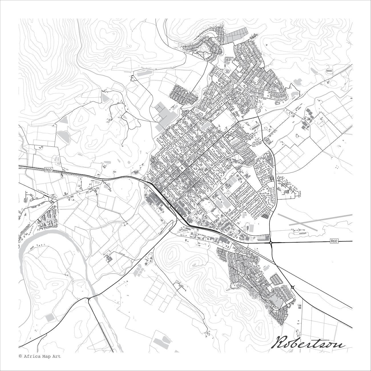 Robertson map print in the minimalist Mono style, with the Breede River in grey, black street lines and fine contour lines on a white background