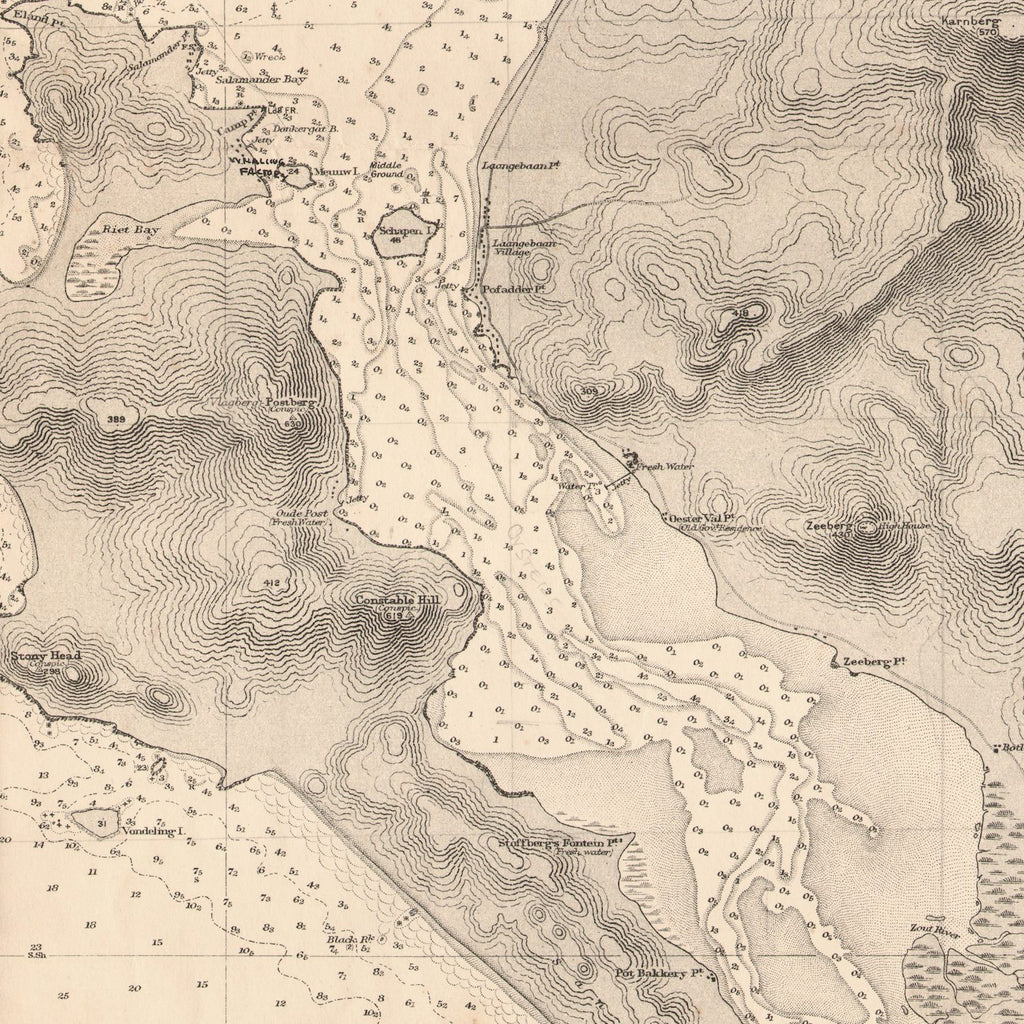 Close-up detail of the 1934 Admiralty chart of Saldanha Bay reproduction print, showing the entrance to Langebaan Lagoon with depth soundings
