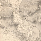 Close-up detail of the 1934 Admiralty chart of Saldanha Bay reproduction print, showing the entrance to Langebaan Lagoon with depth soundings