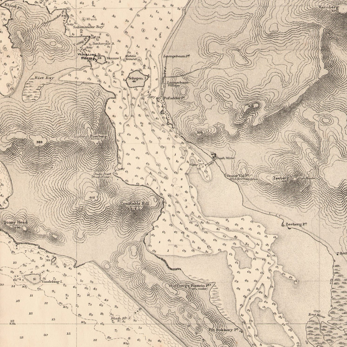 Close-up detail of the 1934 Admiralty chart of Saldanha Bay reproduction print, showing the entrance to Langebaan Lagoon with depth soundings