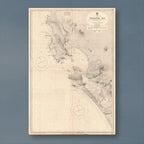 1934 Admiralty chart of Saldanha Bay, reproduction print showing the bay, its islands and the entrance channel, with depth soundings and two compass roses