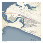 Sedgefield map print in the Classic style, with fine black street lines, buildings & contoured slopes on a cream background, and blue sea along the coastline