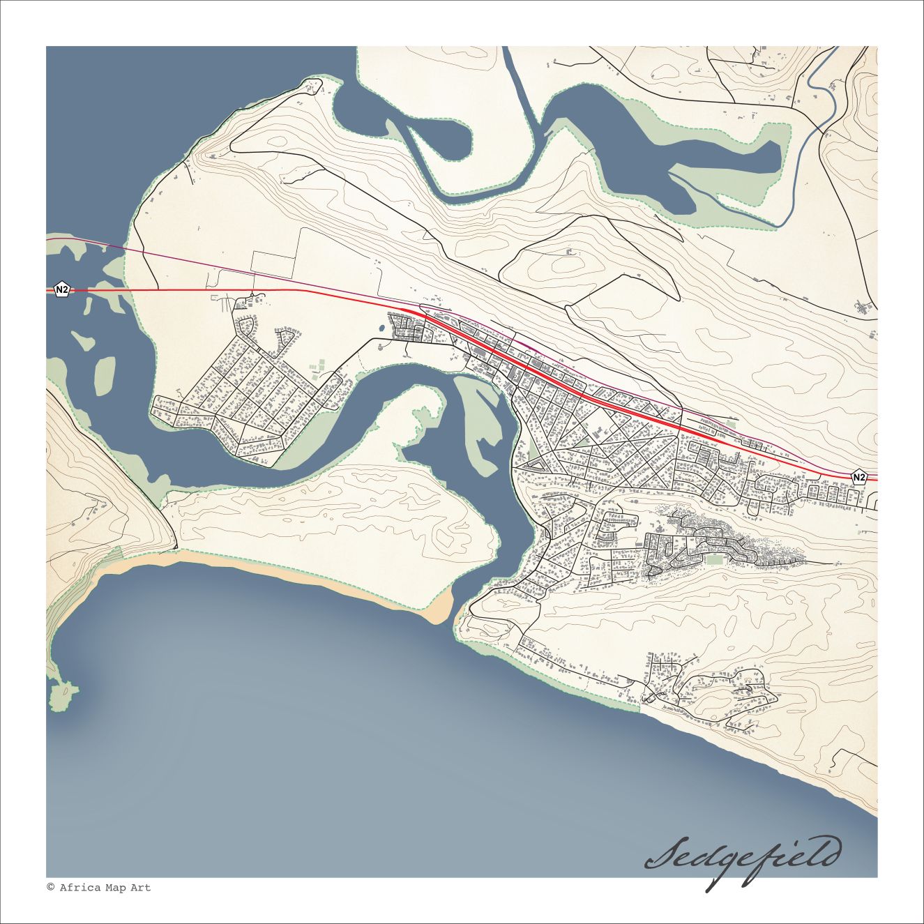 Sedgefield map print in the Classic style, with fine black street lines, buildings & contoured slopes on a cream background, and blue sea along the coastline
