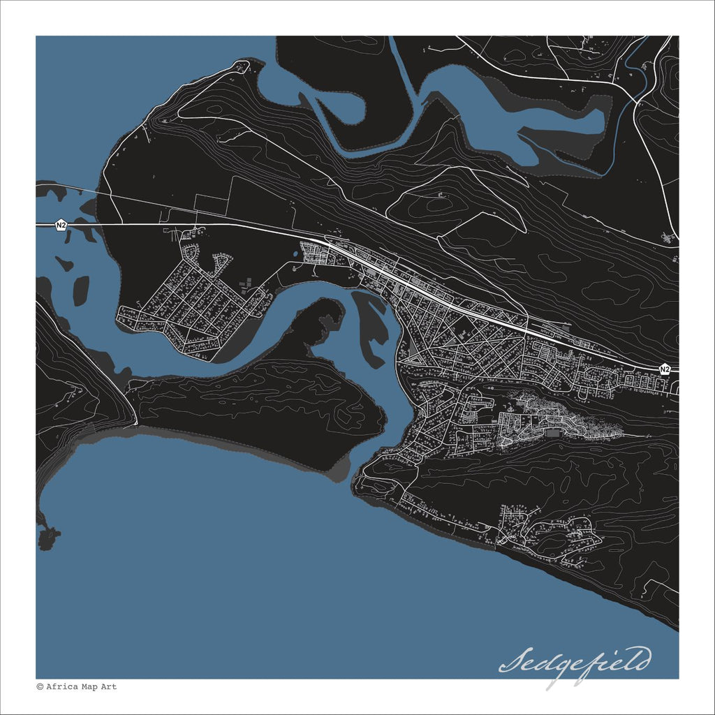 Sedgefield map print in the Granite style, with fine white street & mountain contour lines on a black background and blue sea along the coastline.