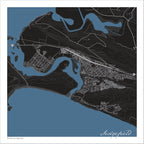 Sedgefield map print in the Granite style, with fine white street & mountain contour lines on a black background and blue sea along the coastline.