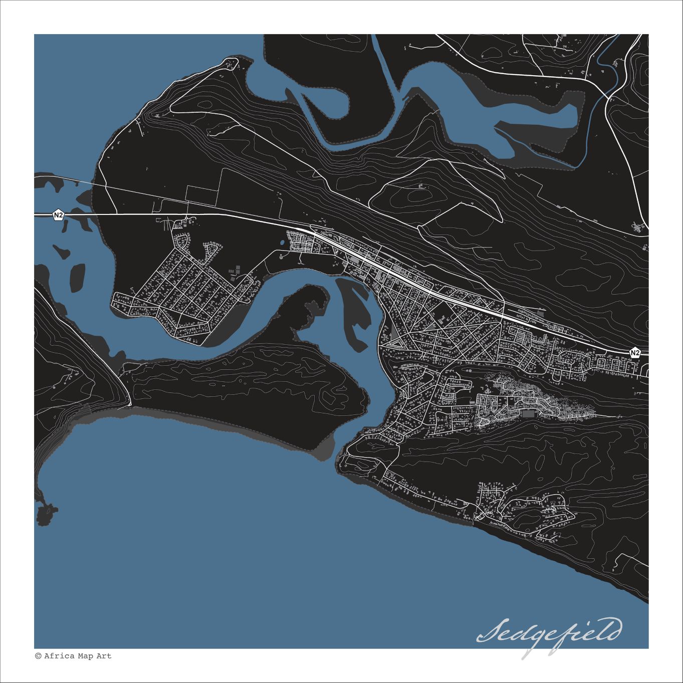 Sedgefield map print in the Granite style, with fine white street & mountain contour lines on a black background and blue sea along the coastline.