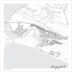 Sedgefield map print in the minimalist Mono style, with fine black road lines, grey buildings and contoured mountain slopes on a white background with grey sea.