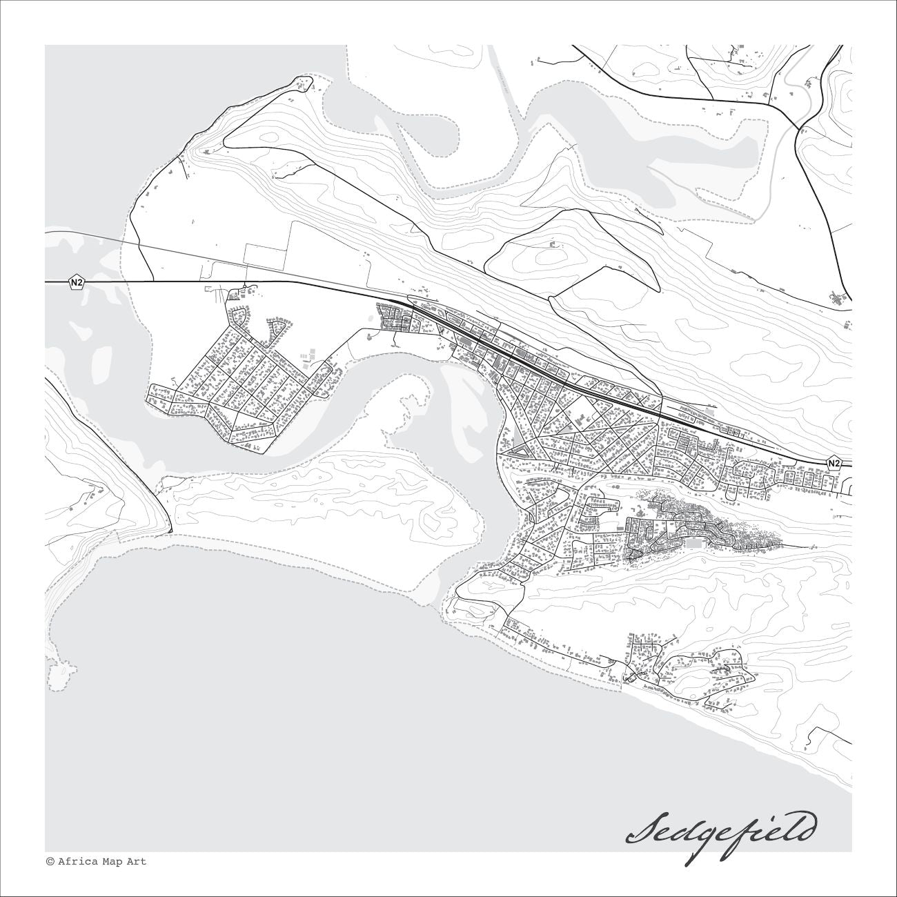 Sedgefield map print in the minimalist Mono style, with fine black road lines, grey buildings and contoured mountain slopes on a white background with grey sea.