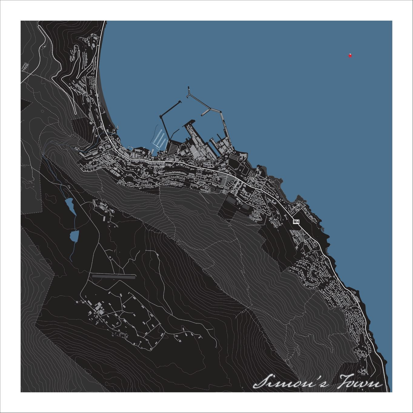 Simon's Town map print in the Granite style, with fine white streets, buildings & mountain contour lines on a black background and blue sea along the coastline 
