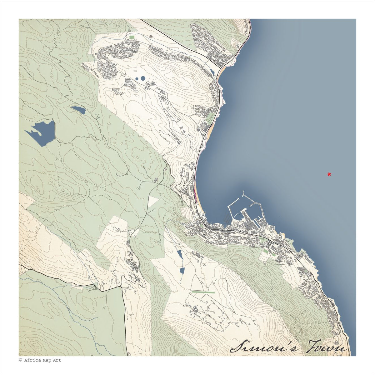 Simon's Town 1 map print in the Classic style, also covering Glencairn, the harbour and Boulders Beach, with fine black street lines, blue sea and contoured mountain slopes on a cream background.