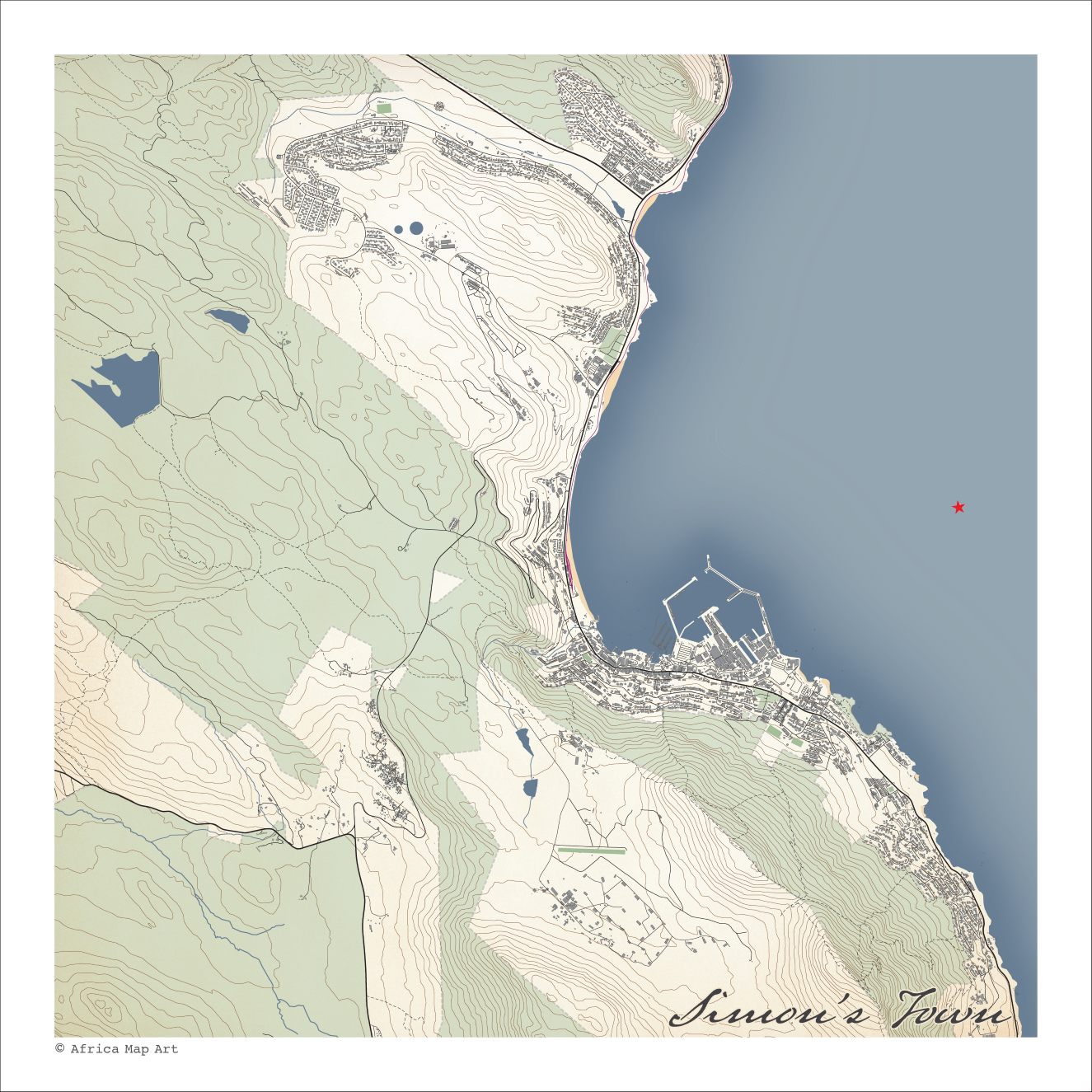 Simon's Town 1 map print in the Classic style, also covering Glencairn, the harbour and Boulders Beach, with fine black street lines, blue sea and contoured mountain slopes on a cream background.