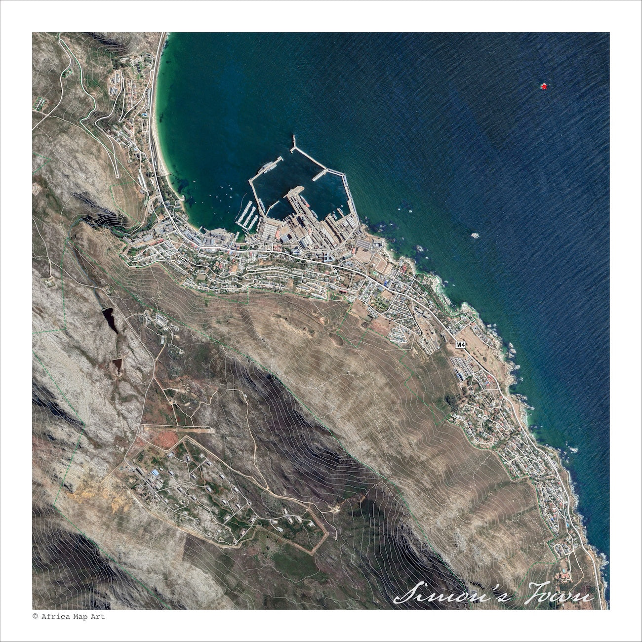 Simon's Town 2 aerial map print showing the harbour, naval dockyard and coastal town from above, with deep blue False Bay against dry contoured mountain slopes.